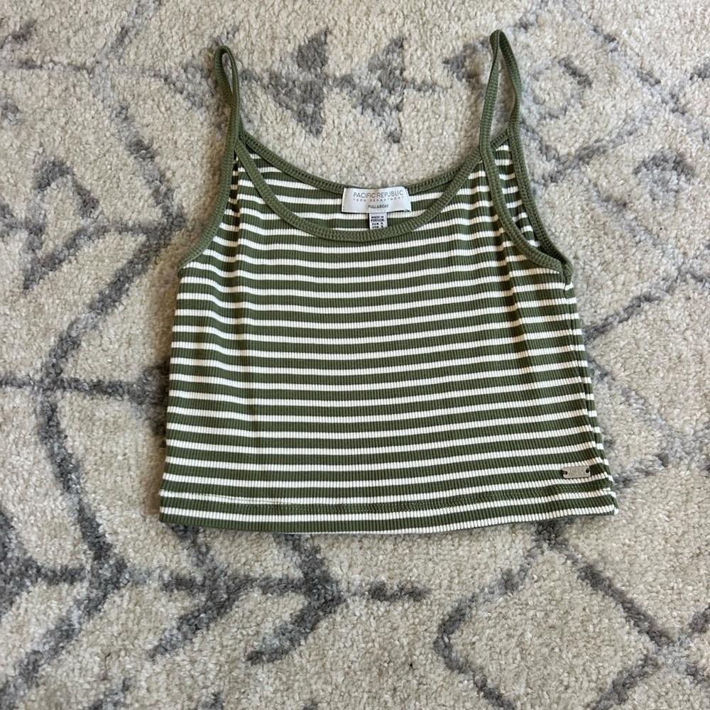 Pull&Bear Green and White Striped Tank Top